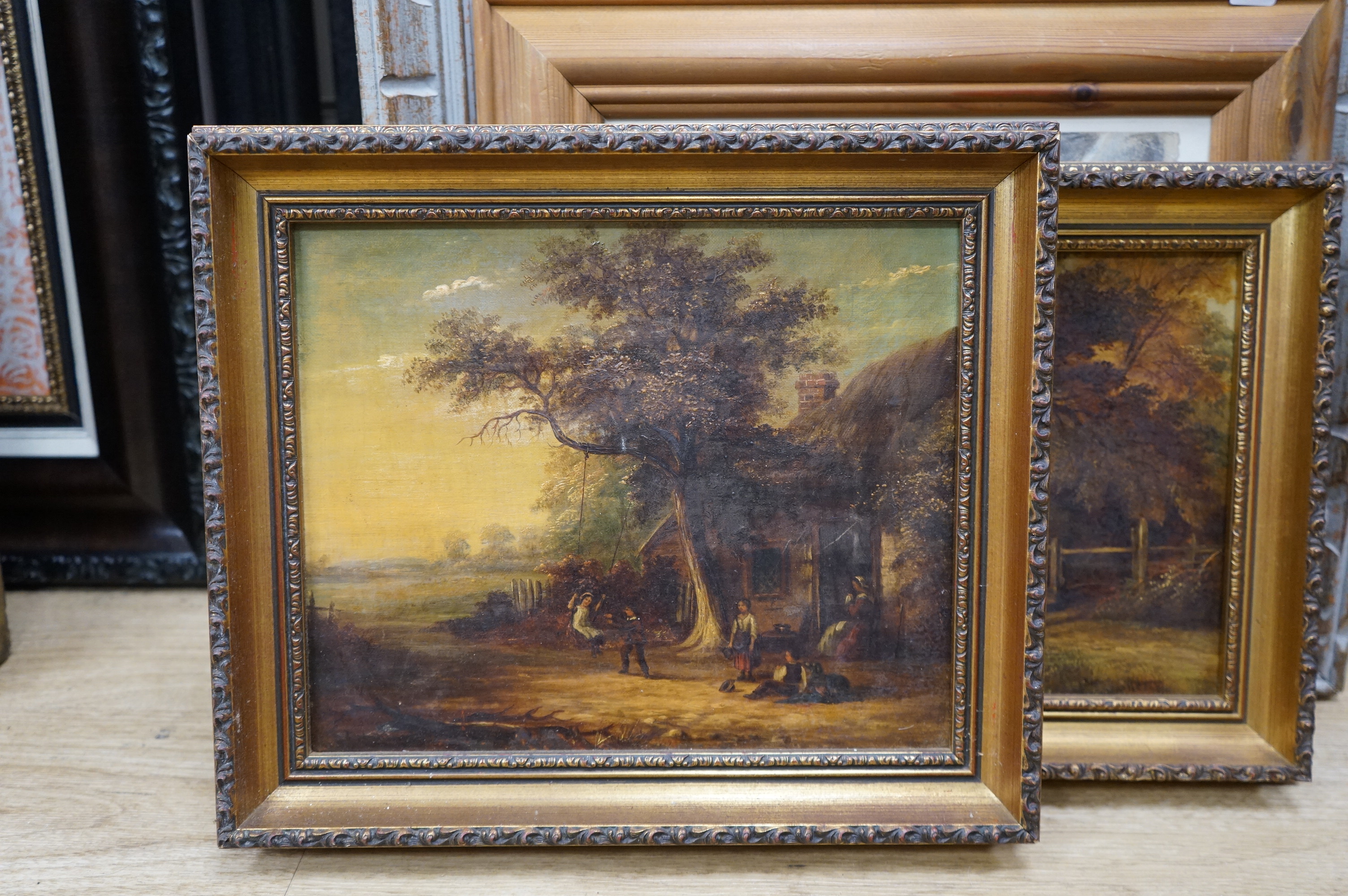 Pair of late 19th century, oils on canvas, Figures before a cottage and angler on a bridge, unsigned, 24 x 29cm, one with a repair to the canvas